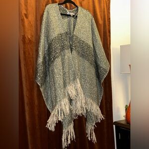 Cozy Fringe Poncho in Heathered Green and Charcoal